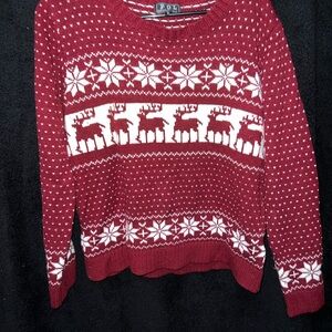 POL Red and White Crew Neck Sweater with Nordic Design